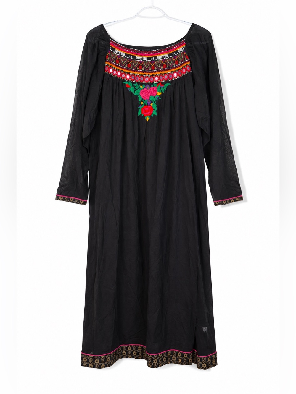 Vintage Chinyere Black Embroidered Boho Maxi Dress with Floral Yoke